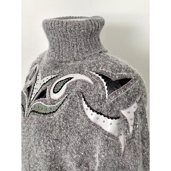 Vintage Turtleneck Sweater Silk Angora Lambswool M Gray Embroidered Beaded - Picture 6 of 10